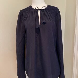 Rebecca Taylor navy silk ruched shoulders jewel neck string tie Sz 6